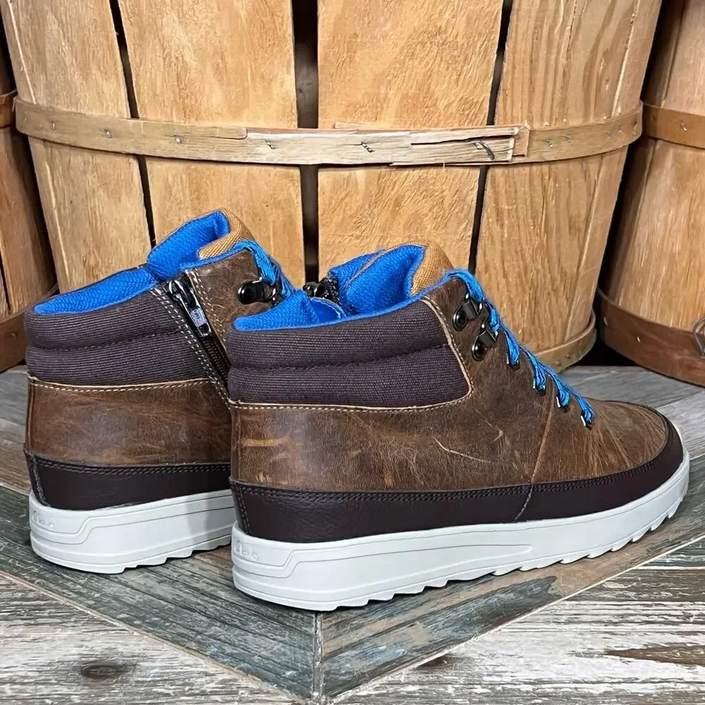 Clarks x Jack Nano Jaxton Run Brown Leather Blue Zip Up Laced Boots Boys Size 4